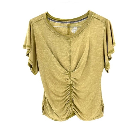 Anthropologie Pilcro Short Flutter Ruched Khaki Green Cotton T Shirt Top - Picture 1 of 6